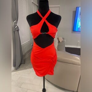 I AM GIA metal spell out alter neck mini dress XS